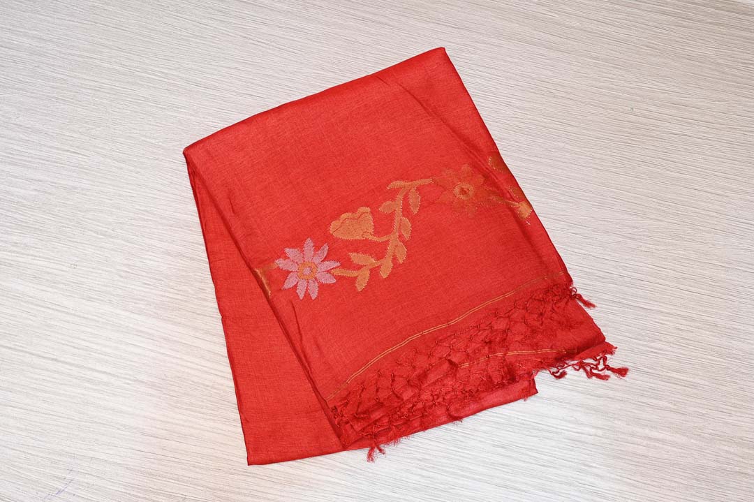Pure Tussar-DDA008 Scarlet Red with Floral Motif Pure Tussar Saree – DDA008