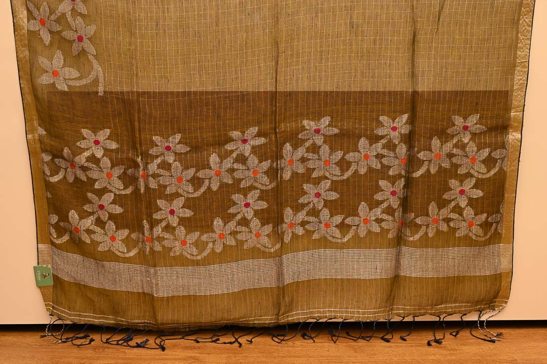 Brown Linen Sarees-DDA040-1 Olive Brown Linen Saree-DDA041