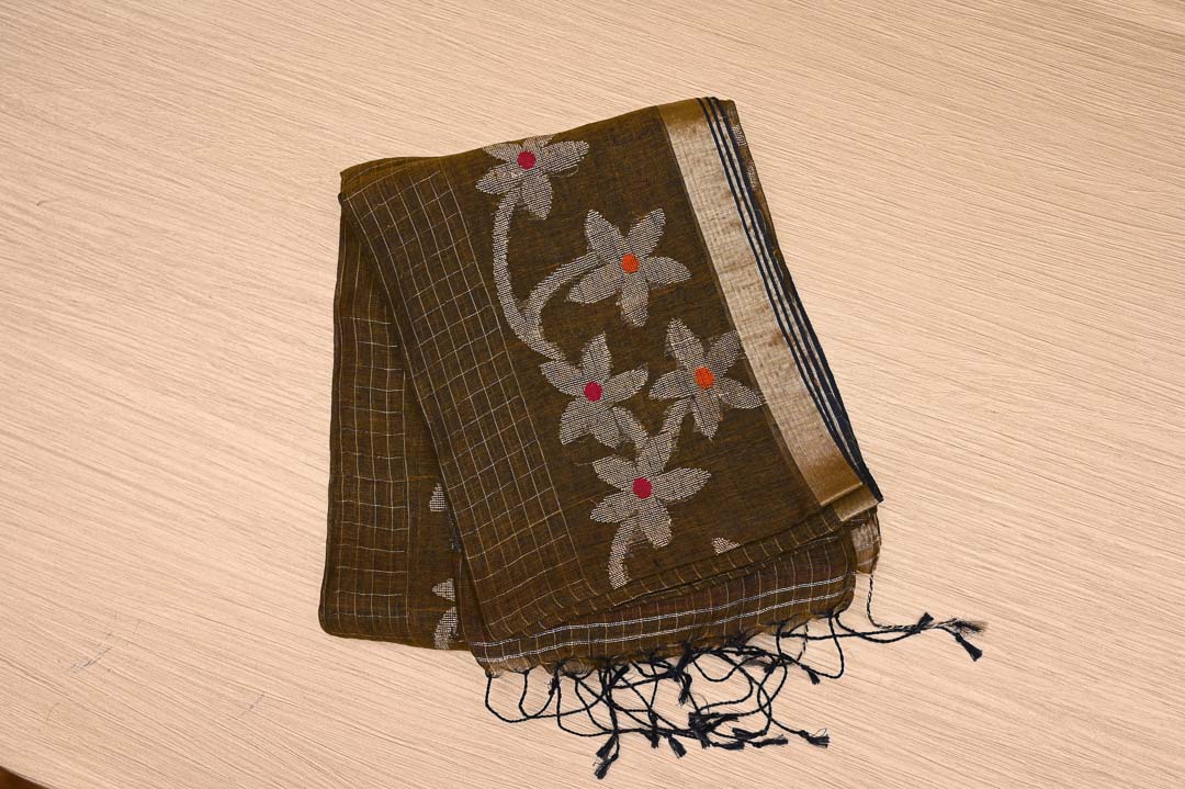 Olive Brown Linen Saree-DDA041