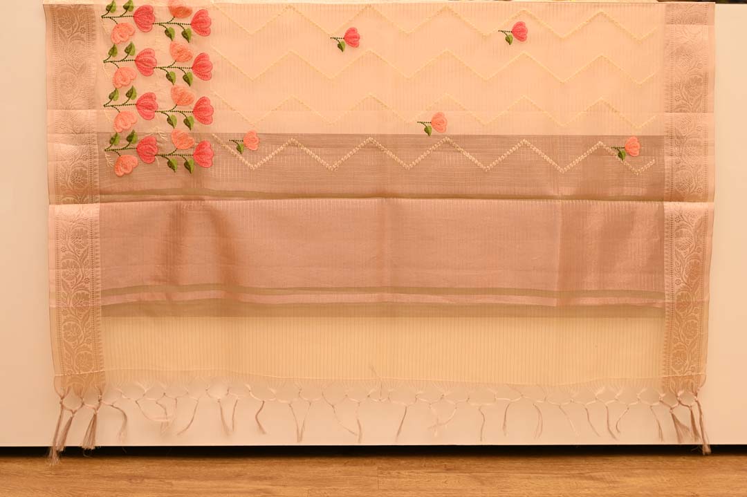 Fancy Sarees-DDA019 1 Golden Beige with Coral Floral Fancy Saree – DDA019