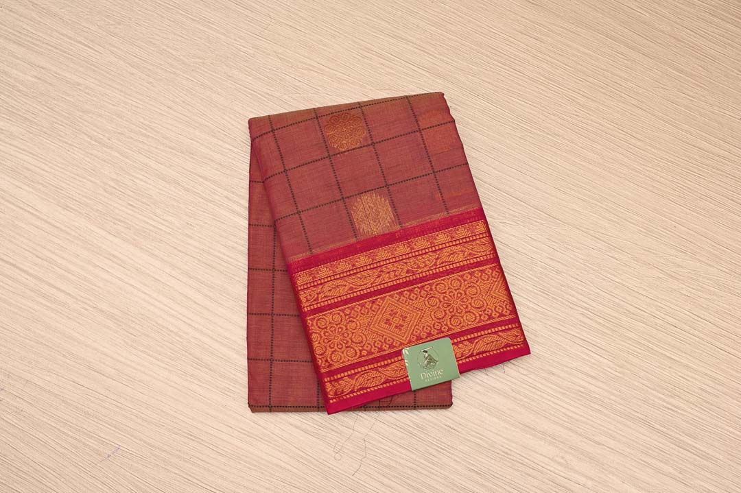 Temple Red with Antique Gold Border Pure Chettinad Cotton Saree-DDA055