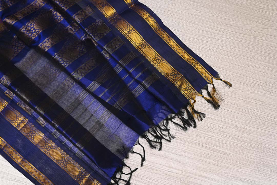 Pure Silk Cotton-DDA016 1 Rosapoo Manjal Kattam with Deep Blue Border Pure Silk Cotton Saree – DDA016