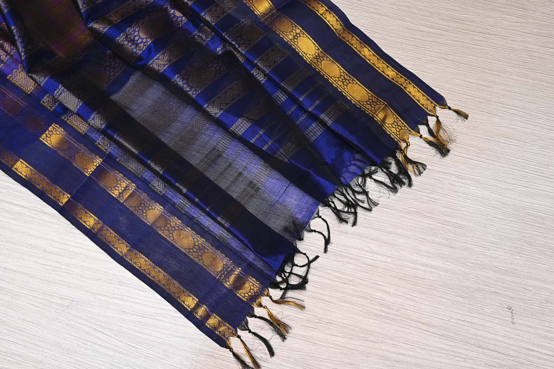 Pure Silk Cotton-DDA016 2 Rosapoo Manjal Kattam with Deep Blue Border Pure Silk Cotton Saree – DDA016