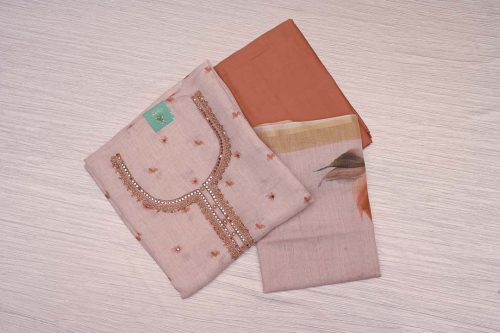 Beige with Rust Orange Linen Material Salwar Material-DDA074