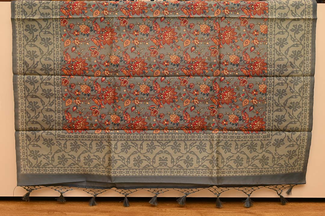 semi Tussar Sarees-DDA033-1 Slate Blue Semi Tussar Saree-DDA033